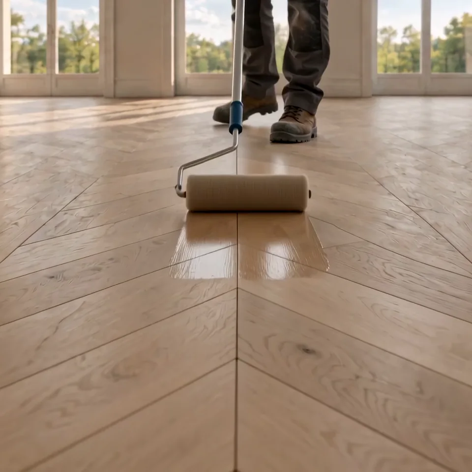 Vitrification de parquet : application d’une finition au rouleau